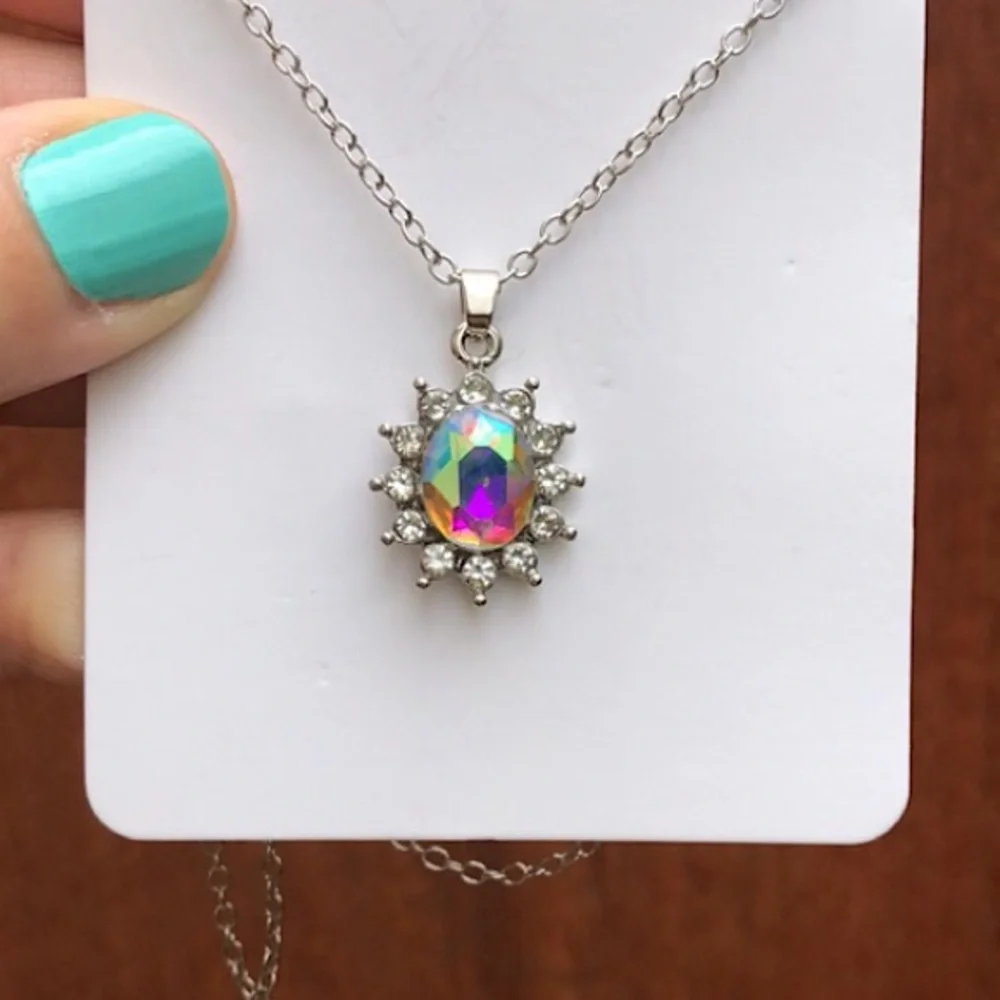 Aurora Borealis Crystal Halo Drop Necklace - Picture 5 of 9